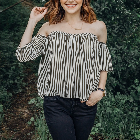 Striped Off The Shoulder Top - Olive - Picture 3 of 8